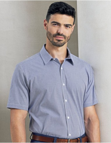 PRE-PR221-Mens Microcheck (Gingham) Short Sleeve Cotton Shirt
